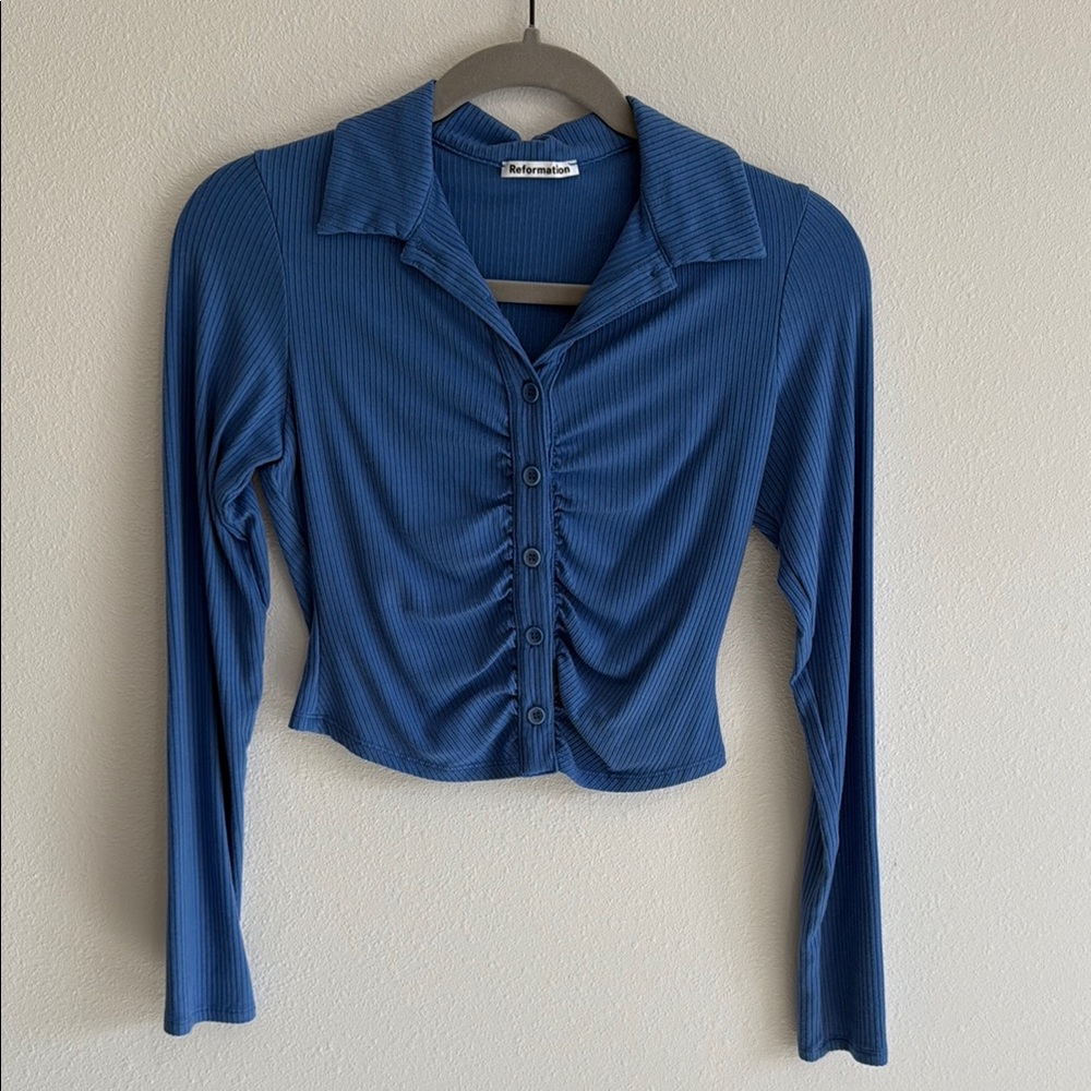 Reformation Blue Long-Sleeve Button-Up Top